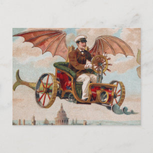 Flying Steampunk Car Postcard
