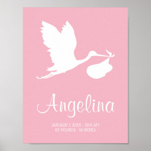 Flying Stork with Baby Bundle Nursery Art Pink Poster