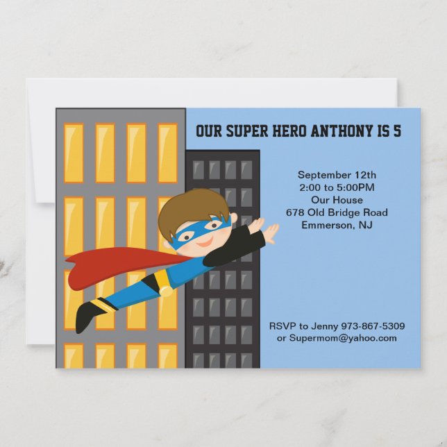 Flying Super Hero Boys Birthday Invitation (Front)