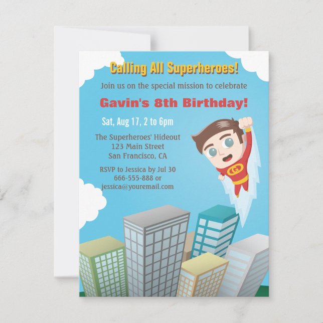 Flying Superhero Boy Birthday Party Invitations (Front)