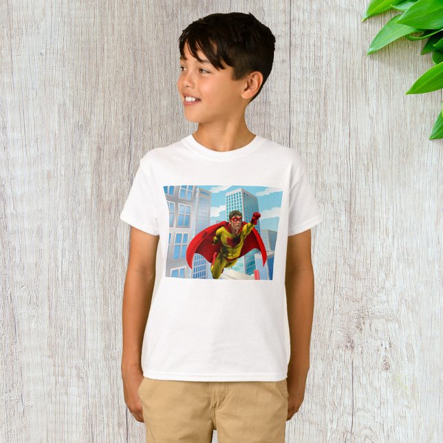 Flying Superhero Comic Style Red and Yellow Hero  T-Shirt (Creator Uploaded)