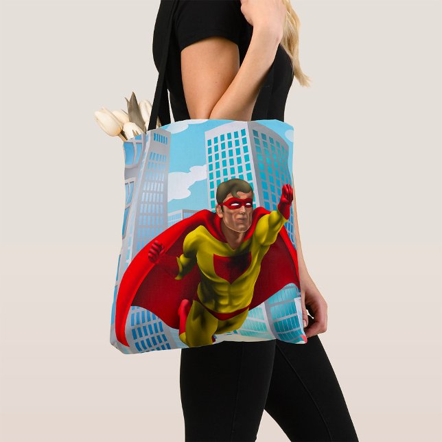 Flying Superhero Comic Style Red and Yellow Hero  Tote Bag (Creator Uploaded)