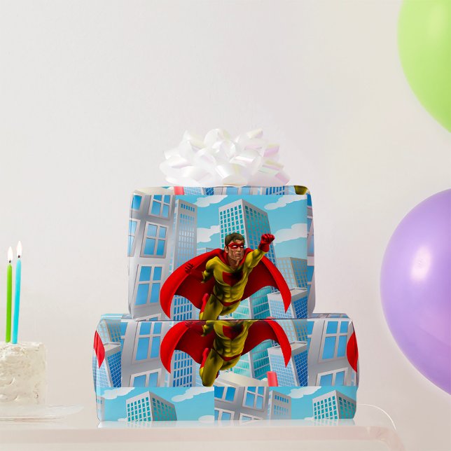 Flying Superhero Comic Style Red and Yellow Hero  Wrapping Paper (Creator Uploaded)