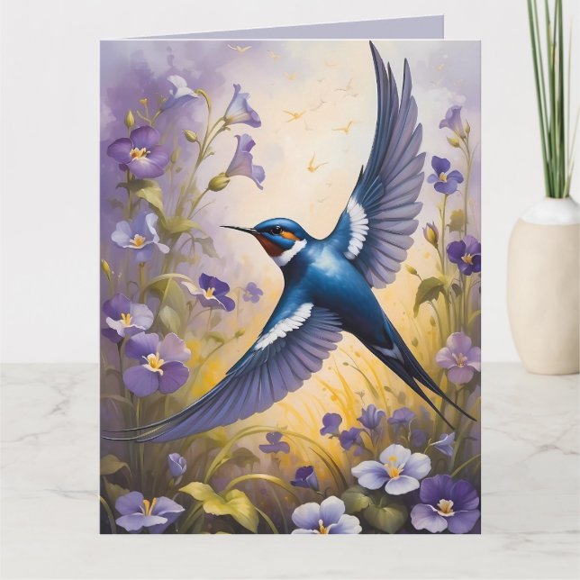 Flying Swallow Field of Violet Flowers Card (Front)