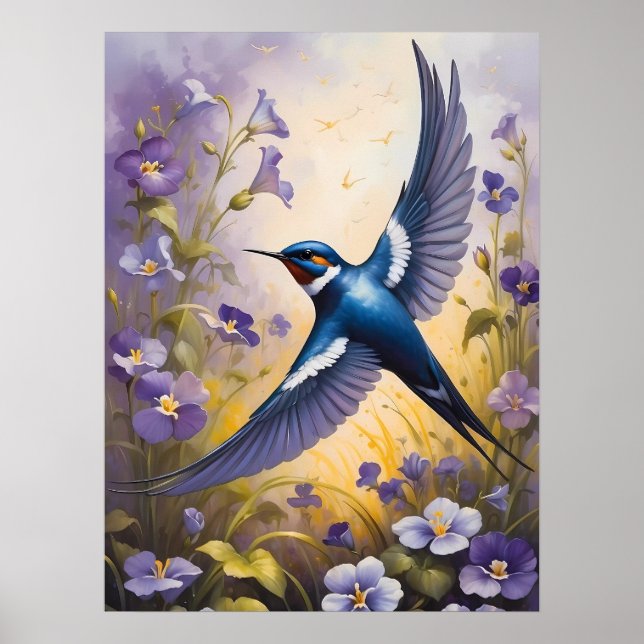 Flying Swallow Field of Violet Flowers Poster (Front)