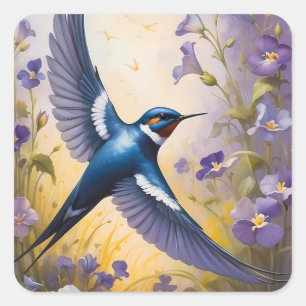 Flying Swallow Field of Violet Flowers Square Sticker