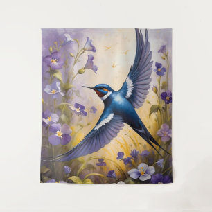 Flying Swallow Field of Violet Flowers Tapestry
