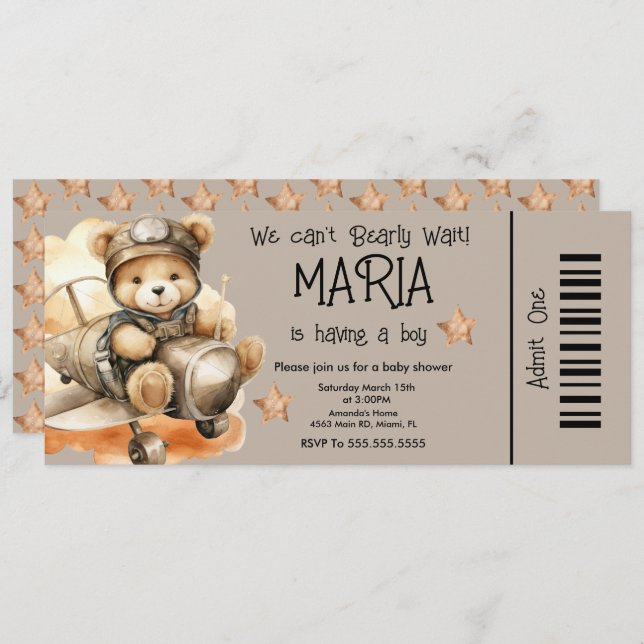 Flying Teddy Bear Baby Shower Ticket Party   Invitation (Front/Back)