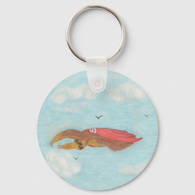 Flying Three Toed Sloth with red cape, Supersloth Key Ring (Front)
