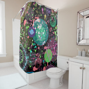 Flying Through Space: A Maximalist Abstract  Shower Curtain