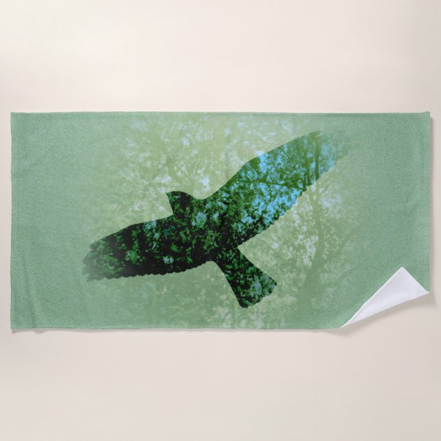 Flying Transparent Black Crow Trees Green Beach Towel (Front)