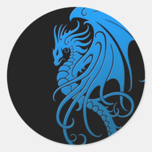 Flying Tribal Dragon - blue on black Classic Round Sticker