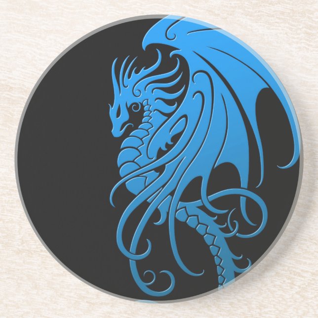 Flying Tribal Dragon - blue on black Coaster (Front)