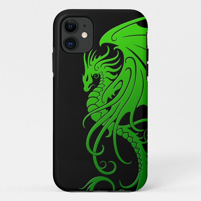 Flying Tribal Dragon - green on black Case-Mate iPhone Case (Back)