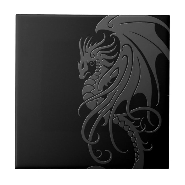 Flying Tribal Dragon - grey on black Tile (Front)