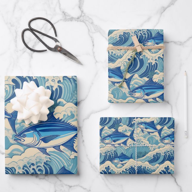 Flying tuna in waves - Ahi pattern Wrapping Paper Sheet (Front)