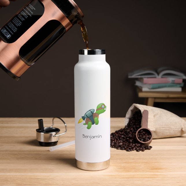 Flying Turtle with a Jetpack Custom Name Water Bottle (Coffee (Rotated))