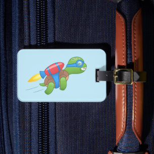 Flying Turtle with a Red Jetpack Blue Luggage Tag