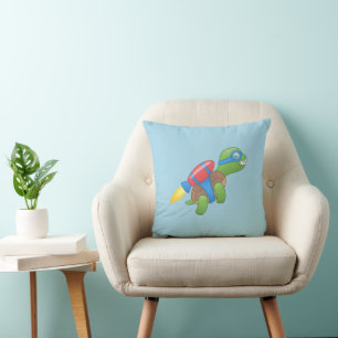 Flying Turtle with a Red Jetpack Blue Throw Pillow