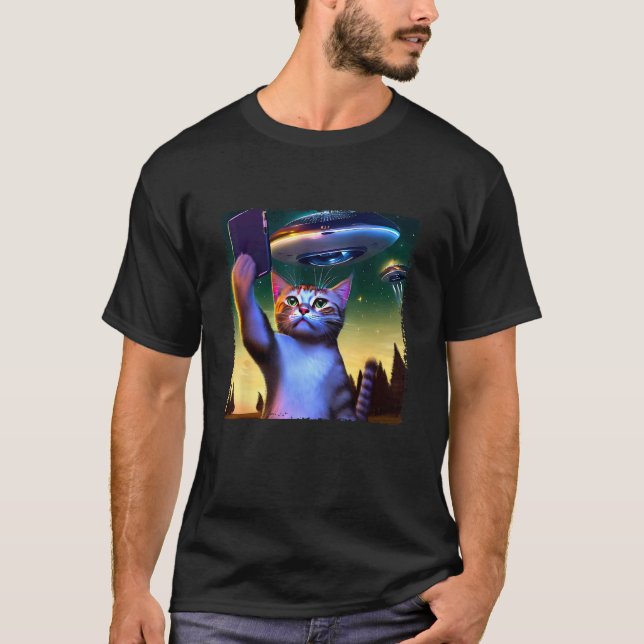 Flying Ufo Cat Selfie T-Shirt (Front)