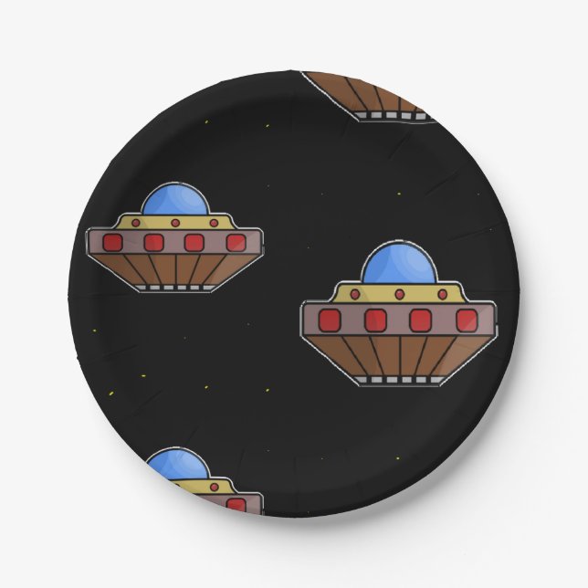 Flying ufo in space black paper plate (Front)