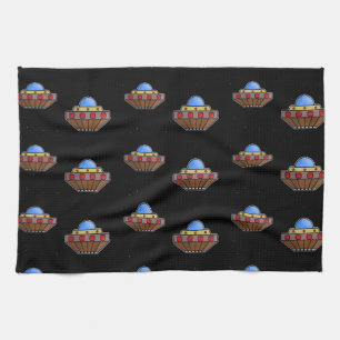 Flying ufo in space black tea towel