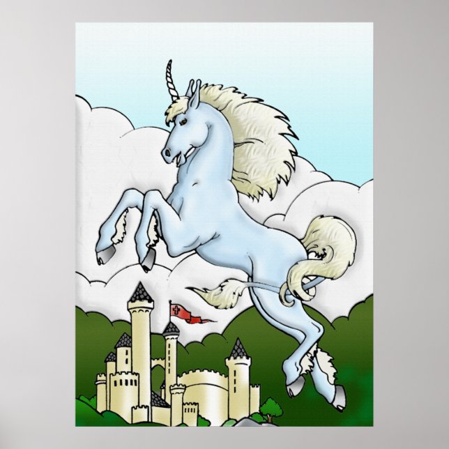 Flying Unicorn & Castle Fantasy Art Poster (Front)