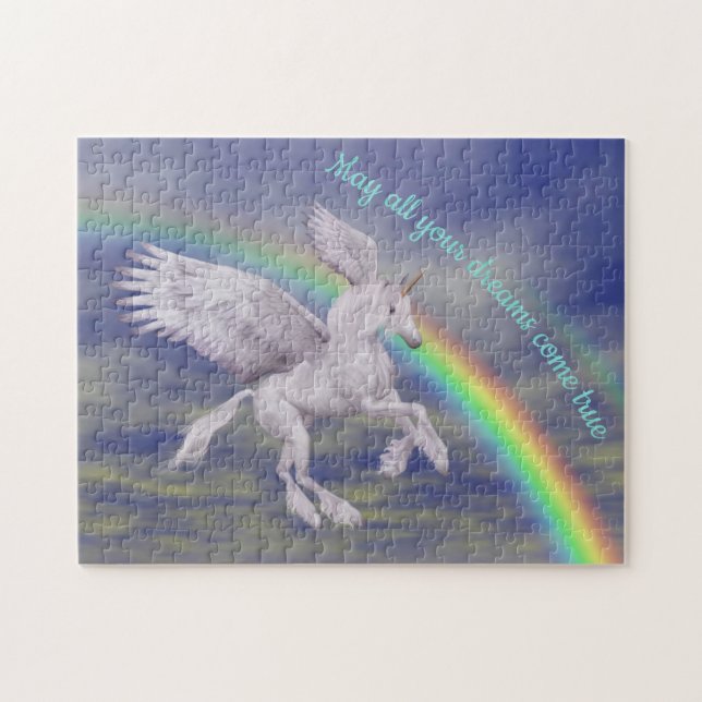 Flying Unicorn Over Rainbow Dreams Fantasy Horse Jigsaw Puzzle (Horizontal)