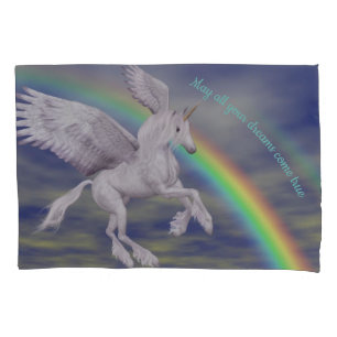 Flying Unicorn Over Rainbow Dreams Fantasy Horse  Pillowcase