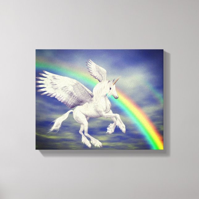 Flying Unicorn Over Rainbow Fantasy Horse Art Canvas Print (Front)