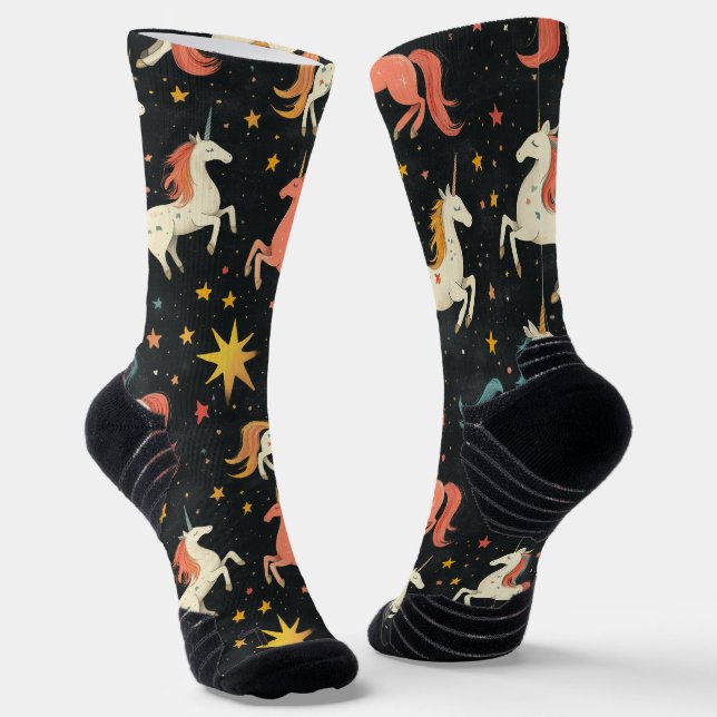 Flying Unicorn Pony Chalk Drawing Pattern Black Socks (Angled)