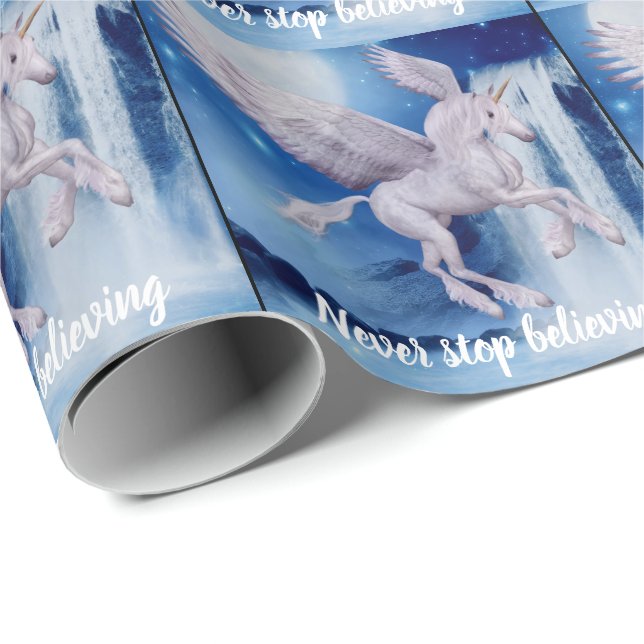 Flying Unicorn Waterfall Believe Fantasy Horse Wrapping Paper (Roll Corner)