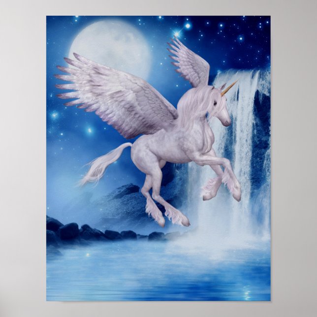 Flying Unicorn Waterfall Fantasy Horse Art Poster (Front)