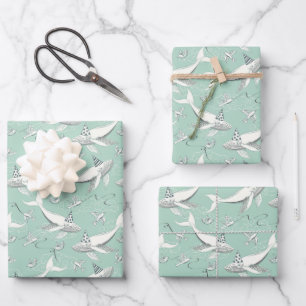 Flying Whale Birthday Party Pattern Wrapping Paper Sheet
