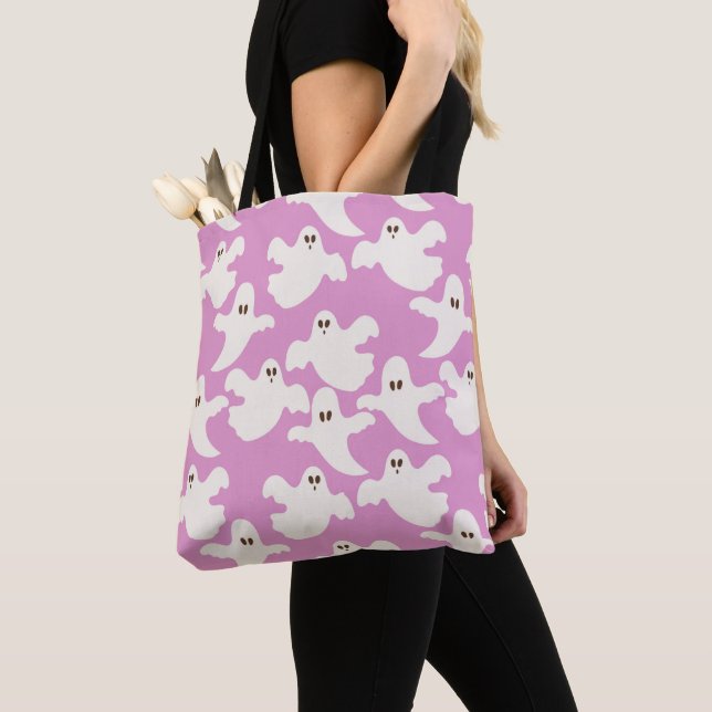 Flying White Ghosts Pink Halloween Tote Bag (Close Up)