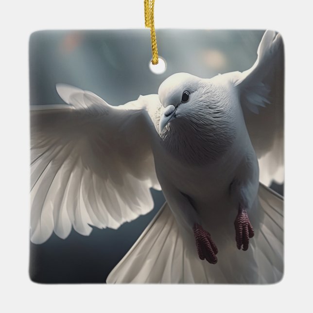 Flying White Peace Dove Ceramic Ornament (Front)