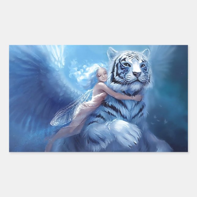 Flying White Tiger With Angel Rectangular Sticker (Front)