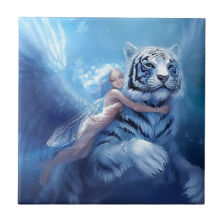 Flying White Tiger With Angel Tile