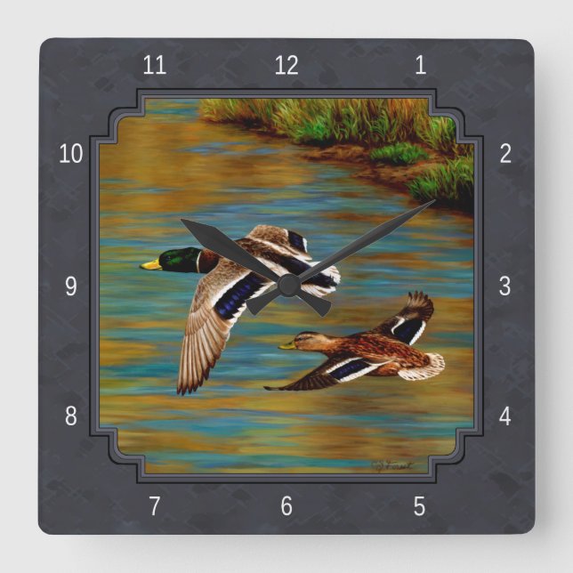 Flying Wild Ducks Charcoal Grey Square Wall Clock (Front)