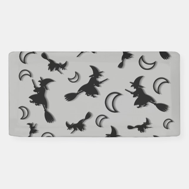 Flying witch among half moon at Halloween night 3D Banner (Horizontal)
