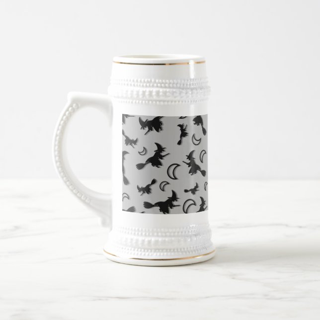 Flying witch among half moon at Halloween night 3D Beer Stein (Left)