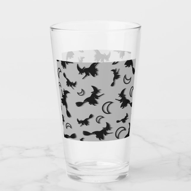 Flying witch among half moon at Halloween night 3D Glass (Front)