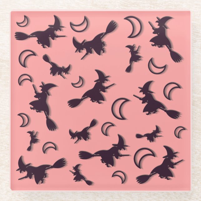 Flying witch among half moon at Halloween night 3D Glass Coaster (Front)