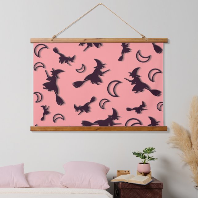 Flying witch among half moon at Halloween night 3D Hanging Tapestry (Bedroom)