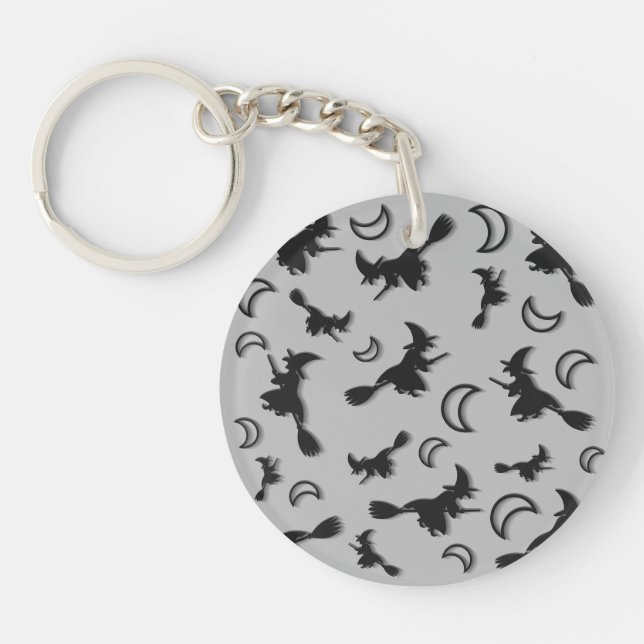 Flying witch among half moon at Halloween night 3D Key Ring (Front)