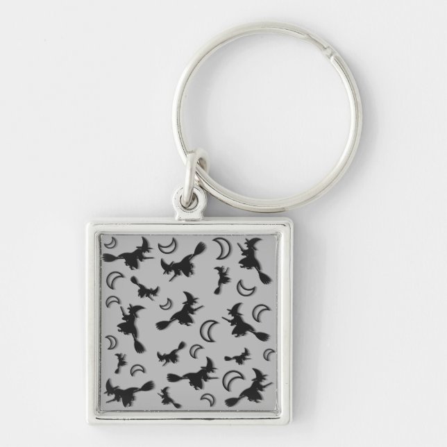 Flying witch among half moon at Halloween night 3D Key Ring (Front)