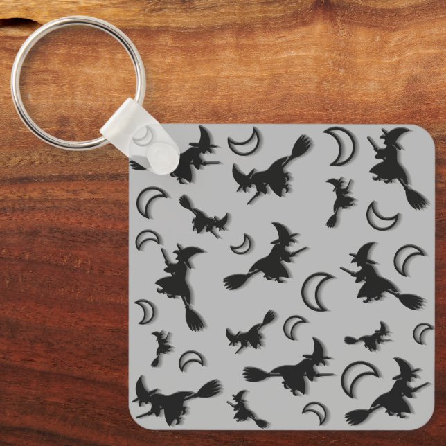 Flying witch among half moon at Halloween night 3D Key Ring (Front)