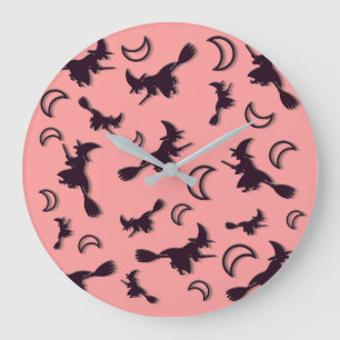 Flying witch among half moon at Halloween night 3D Large Clock
