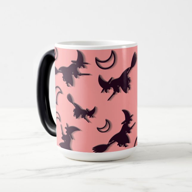 Flying witch among half moon at Halloween night 3D Magic Mug (Front Left)