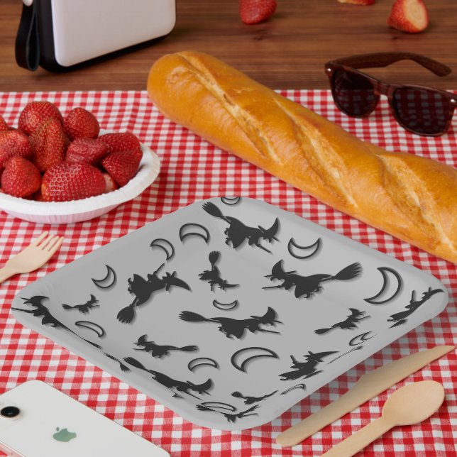Flying witch among half moon at Halloween night 3D Paper Plate (Picnic)